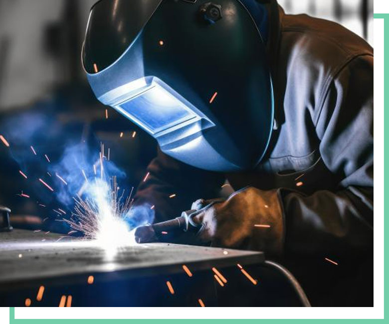 Welder wearing a protective helmet while welding metal
