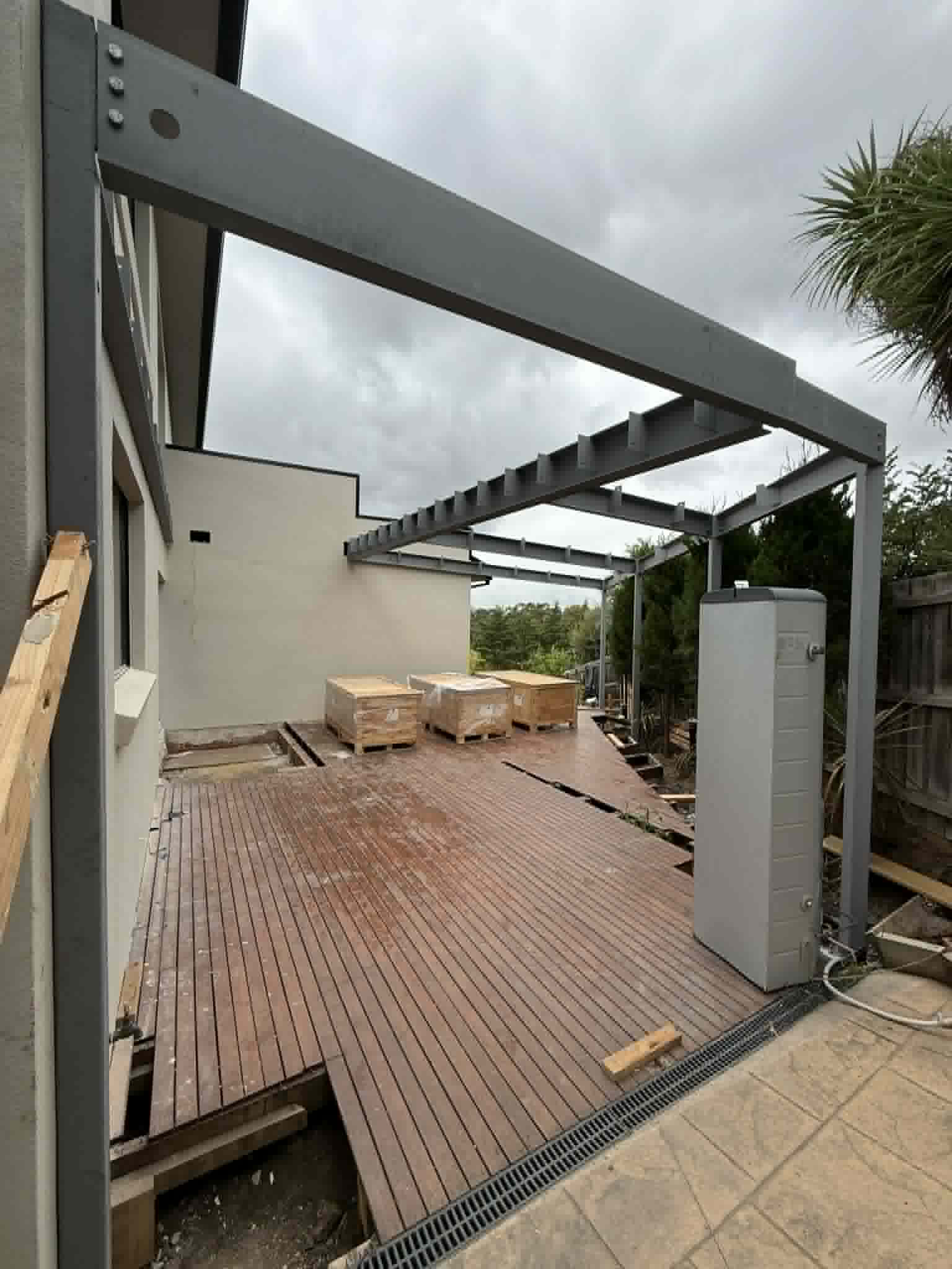 Steel post and beam beside a timber deck at Avondale Heights