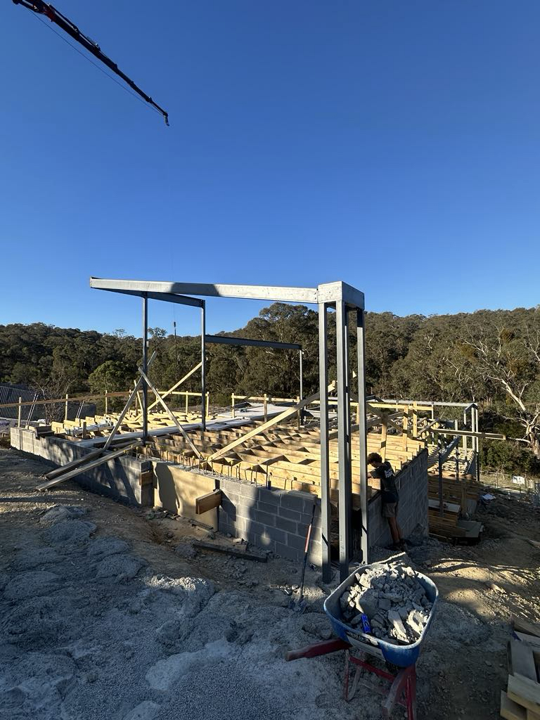 Tall steel columns and roof beams on the Diamond Creek building site