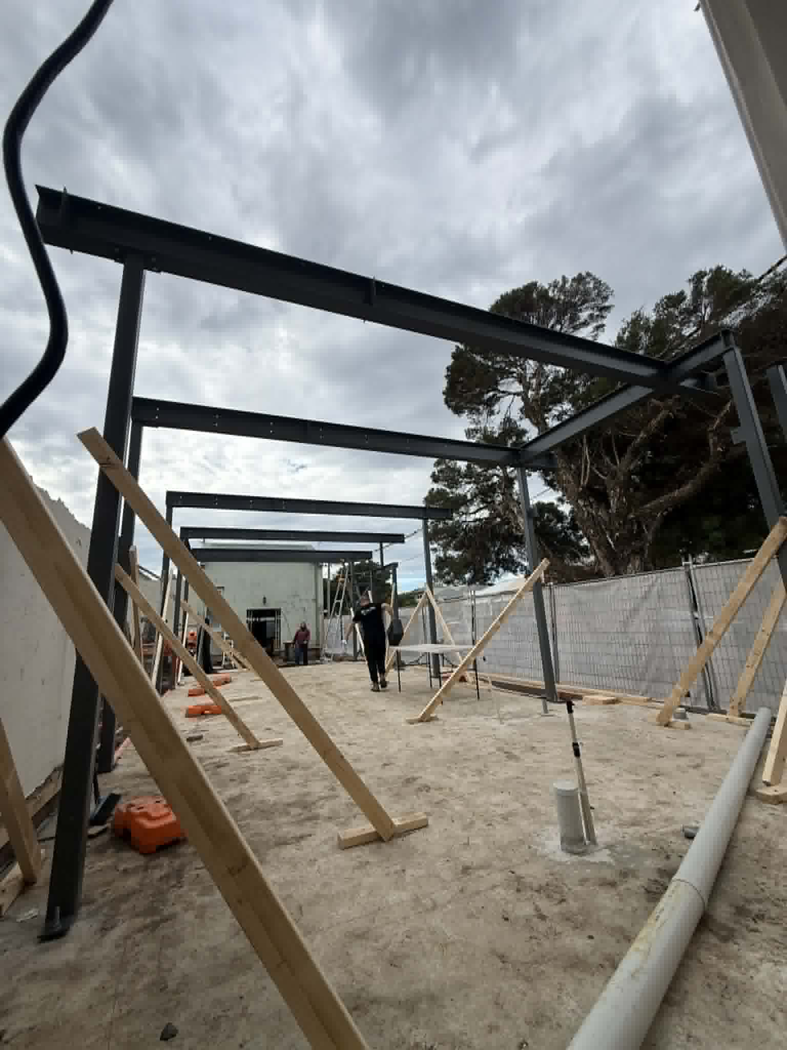 Steel beams and columns erected on the Albert Park construction site